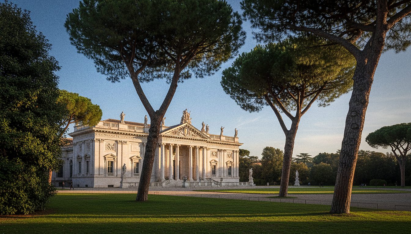 Barokowy budynek Galerii Borghese widziany spośród pinii w parku Villa Borghese