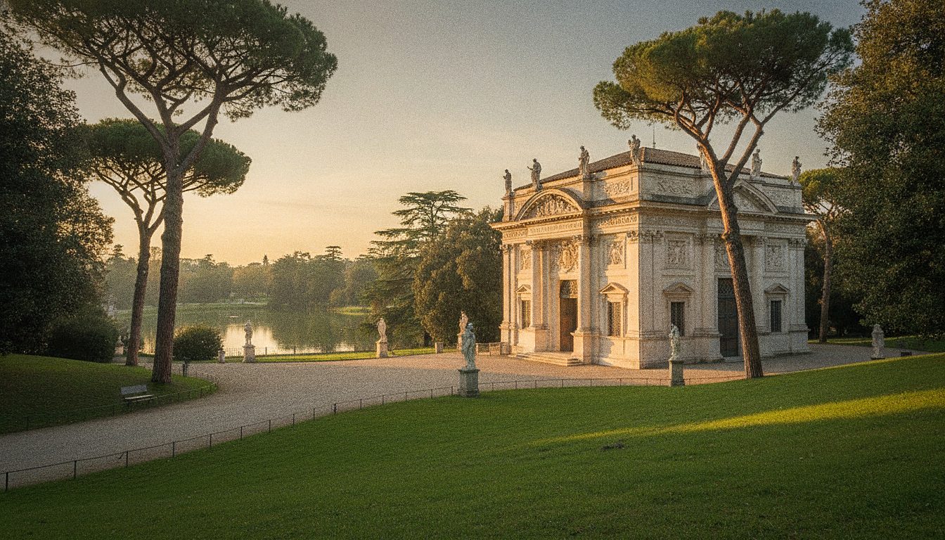 Ogrody Villa Borghese z pinią śródziemnomorską i barokowym budynkiem Galerii Borghese w ciepłym rzymskim świetle